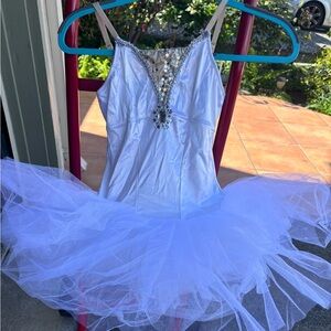 Curtain Call White Swan long tutu and corset hand sewn appliqué.  Size child 14